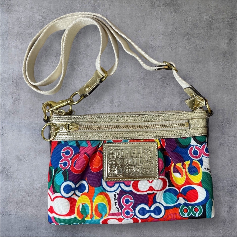 Coach Poppy Pop C Glam Graffiti Crossbody Bag Logo Metallic Gold Trim Y2K 2000